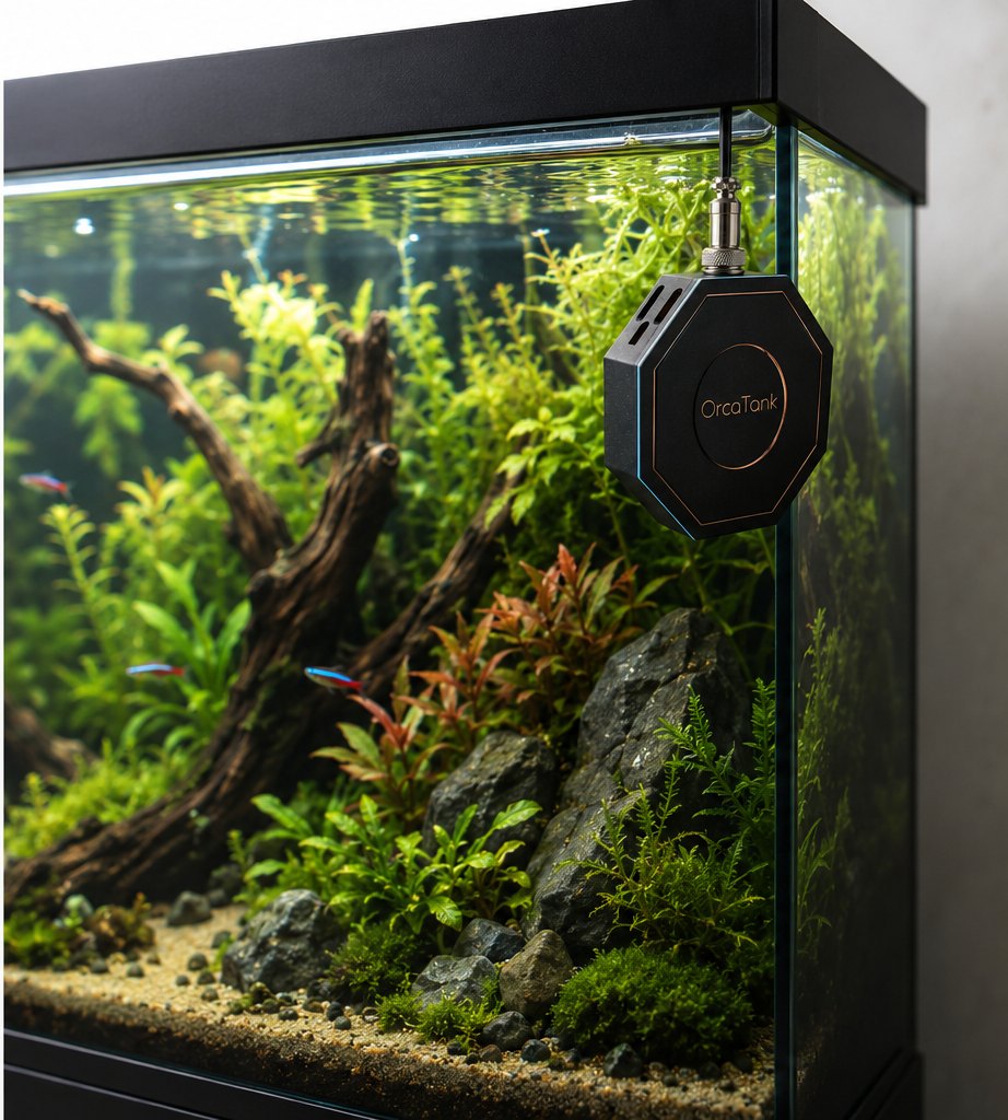 OrcaTank mounted on the glass of a planted aquarium with neon tetras